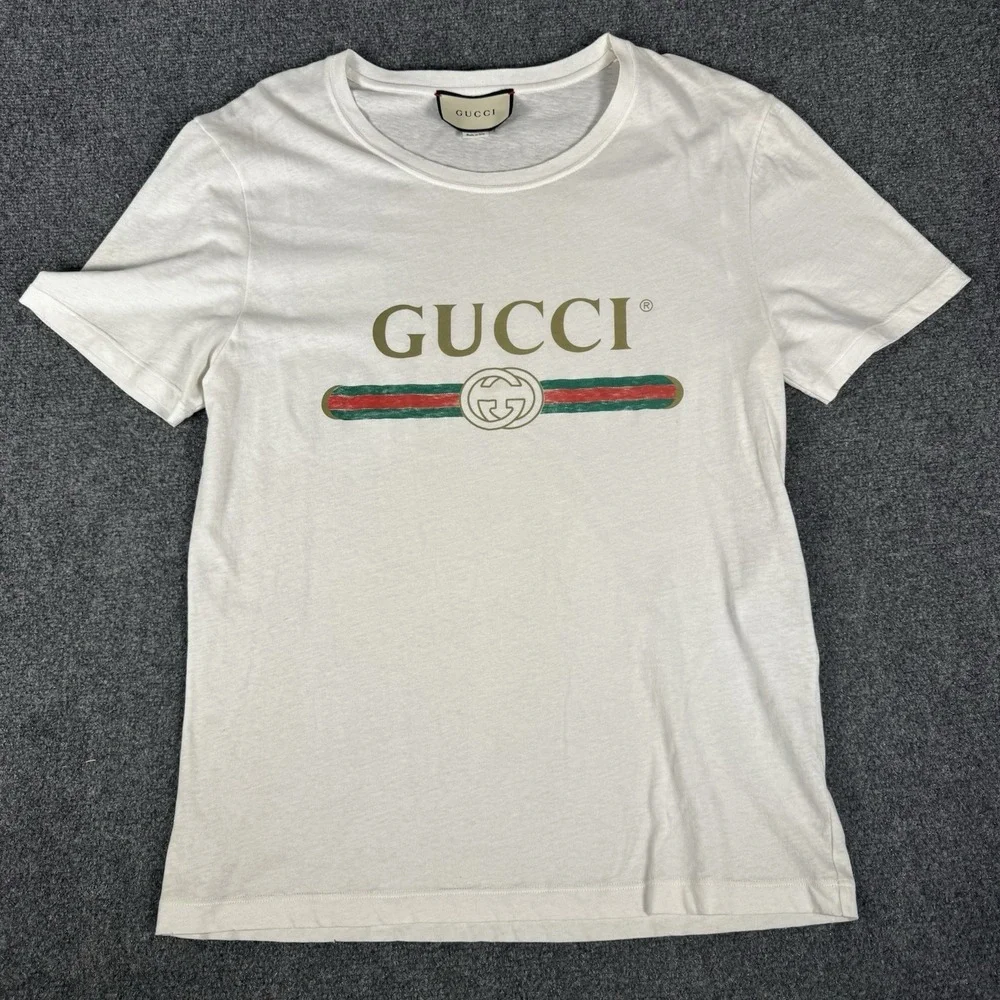 Authentic GUCCI Men's Oversized Washed T-Shirt White Vintage Logo Size Small S